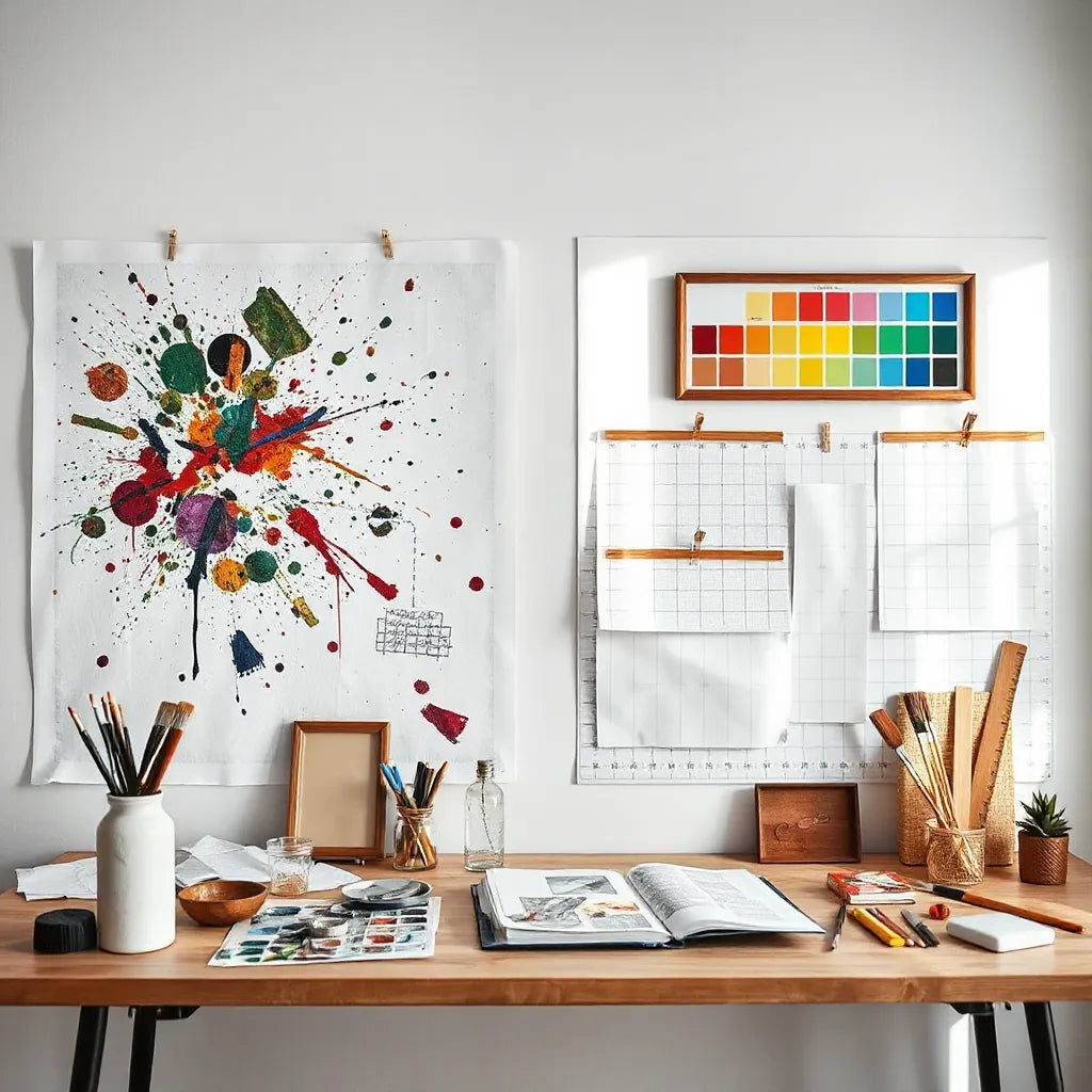 Paint-splattered art supplies on one side and a neatly arranged grid of sketches and tools on the other