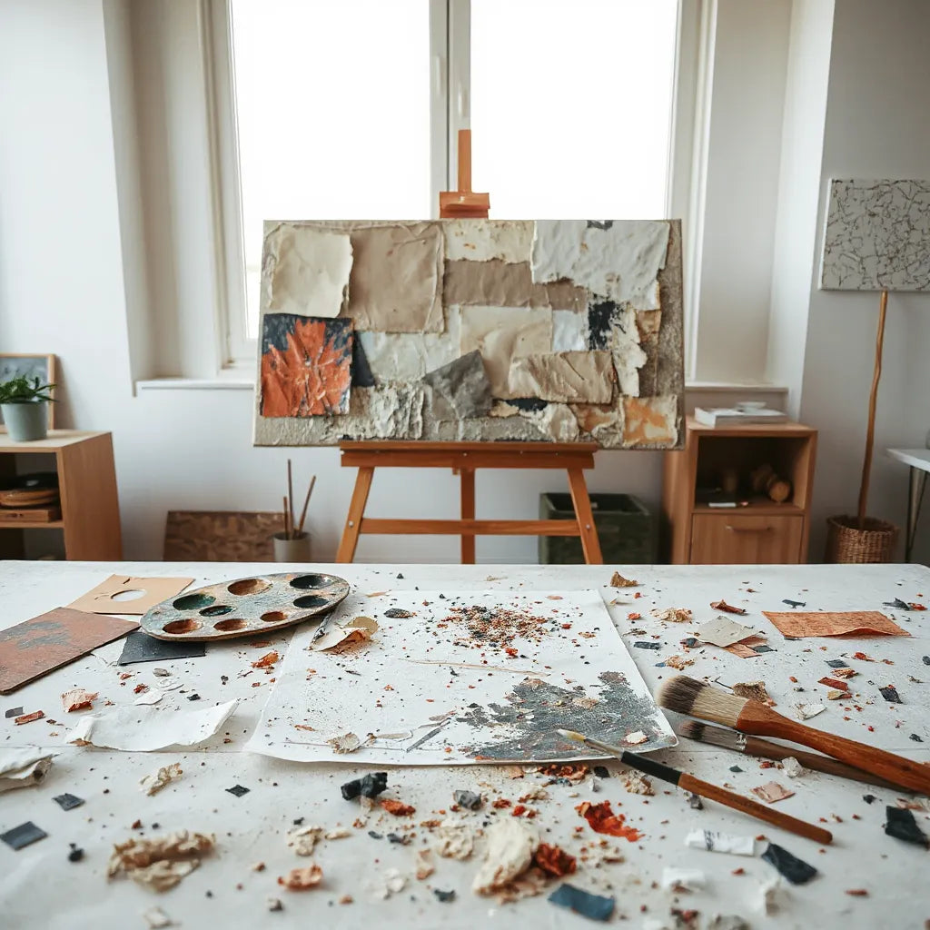 Mixed-media art materials on a studio table beside an abstract canvas on an easel