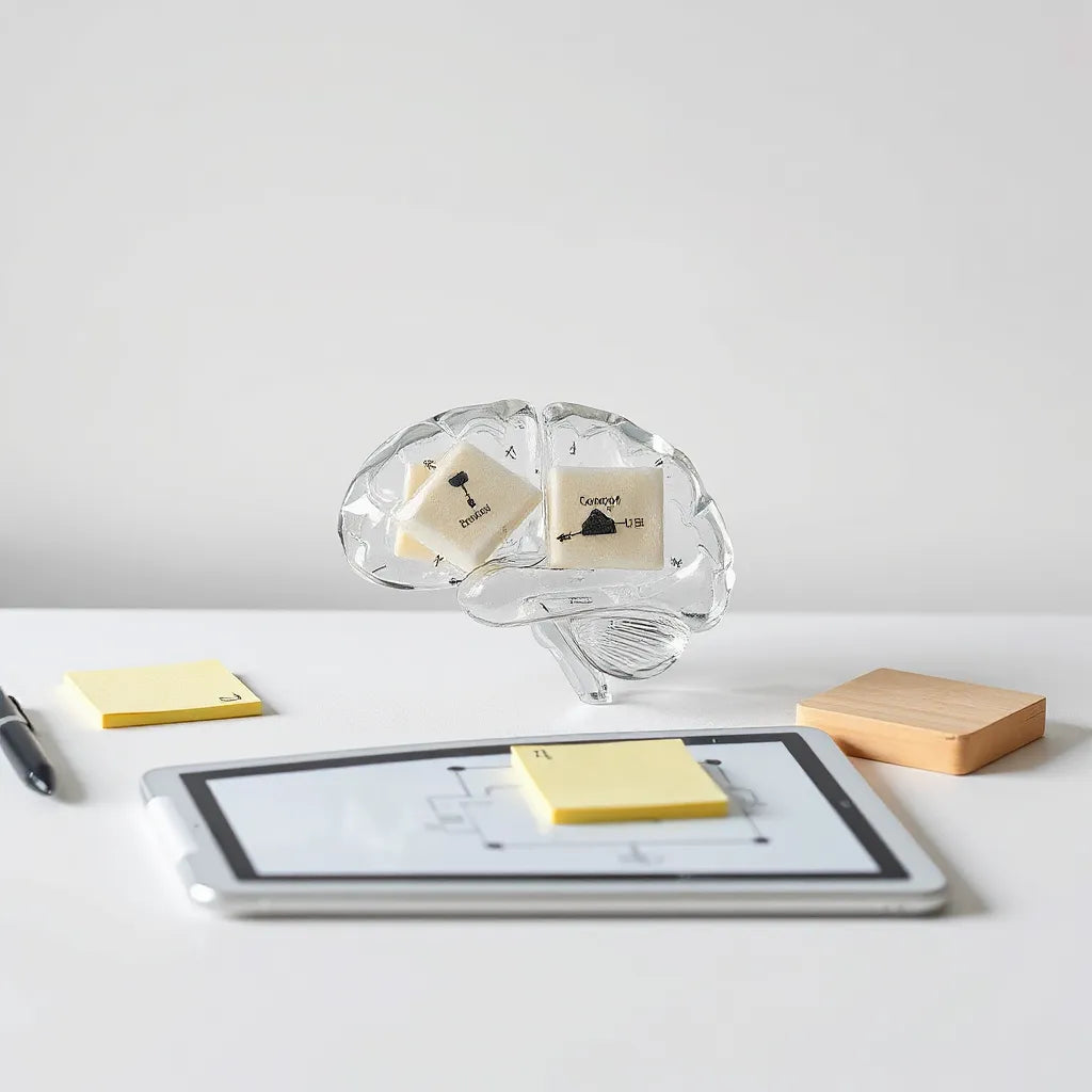 Transparent brain model with translucent memory blocks and simple circuit diagram on a tablet