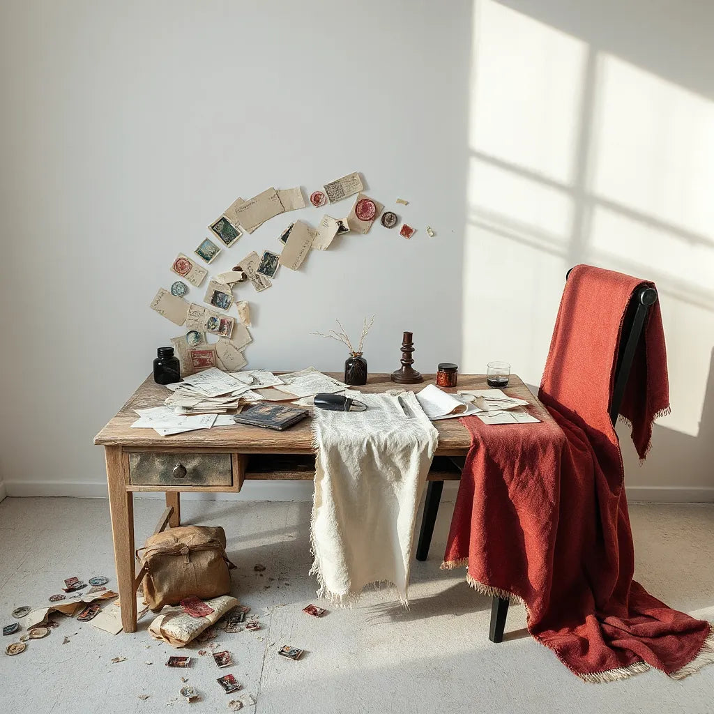 Scattered cut paper and stamps on a desk forming a loose circular pattern in soft daylight