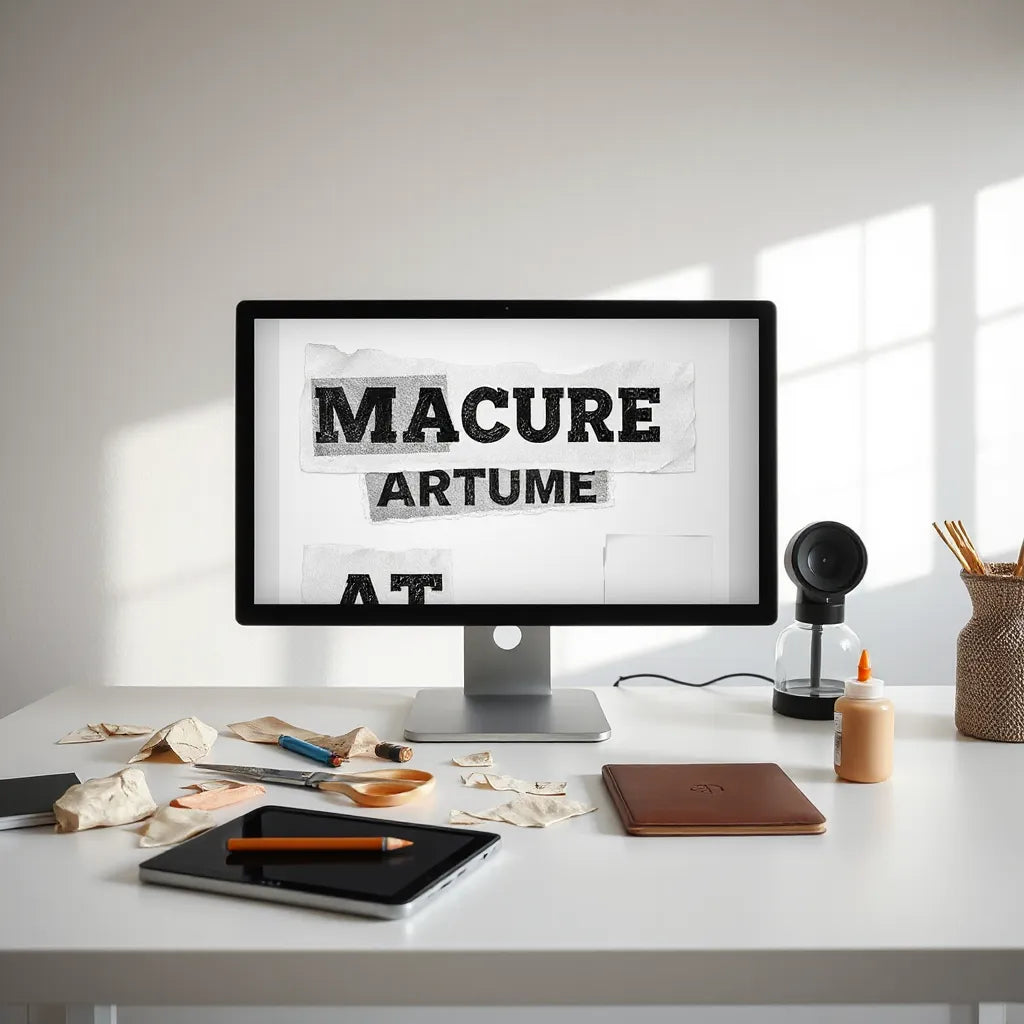 Computer and desk tools arranged around a collage-style digital design with layered textures