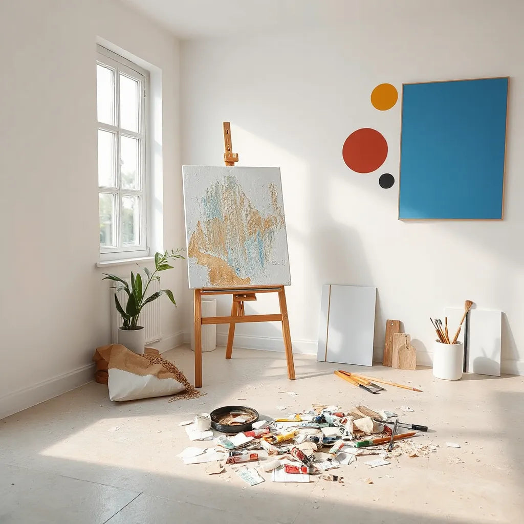 Painted canvas on an easel with scattered mixed media supplies in a bright art studio