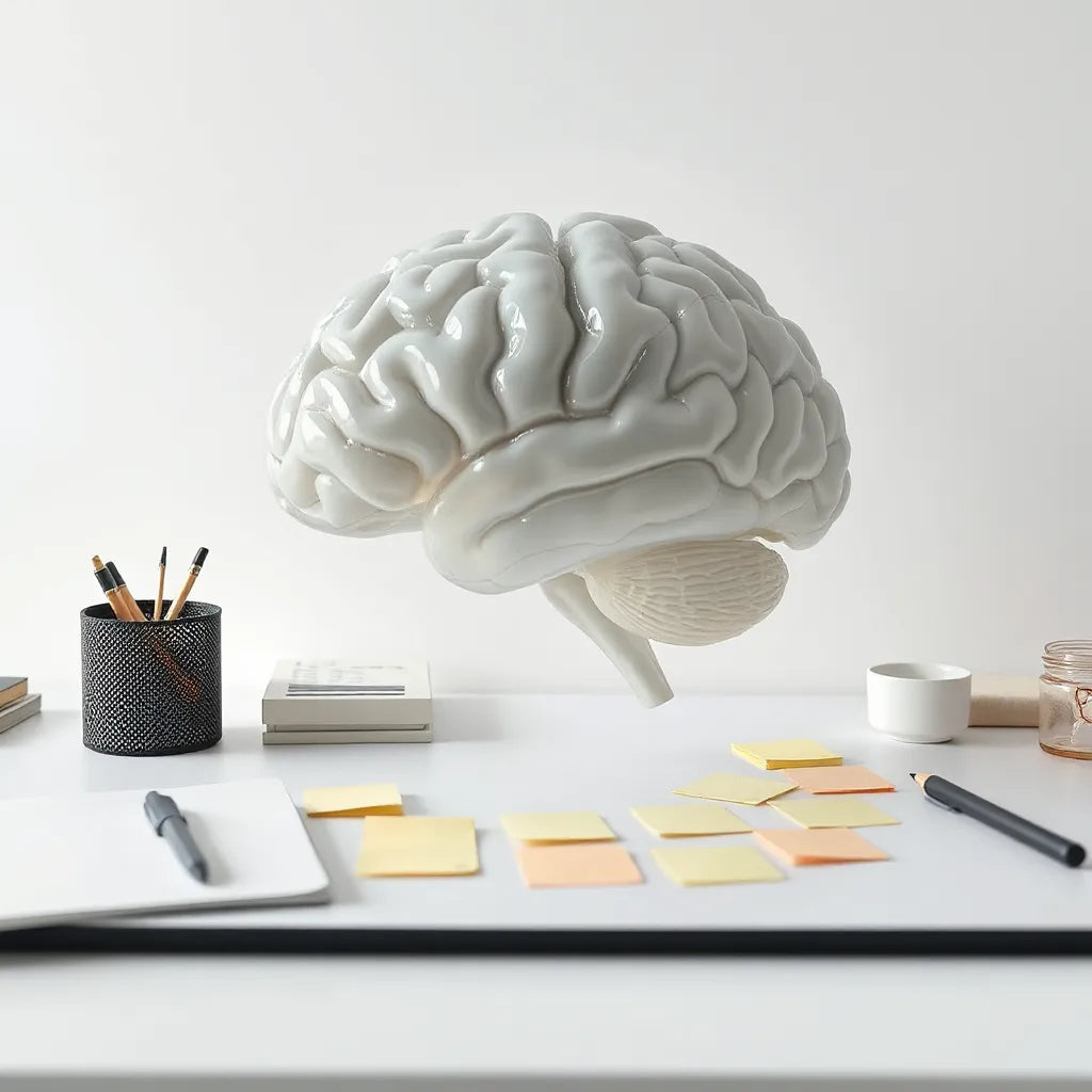 Translucent brain model overlaid with circuit pathways and minimal memory cards on a desk