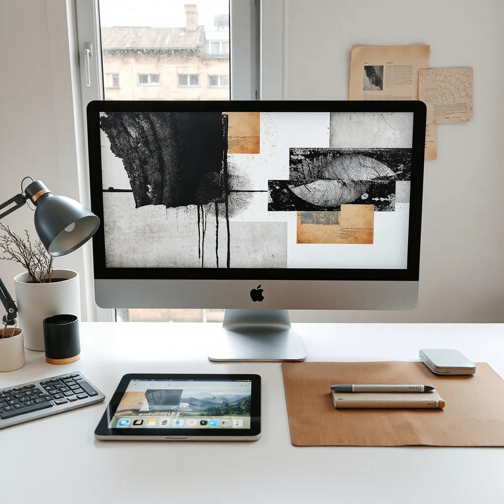 Modern studio desk with a computer screen showing layered glitch-collage design fragments
