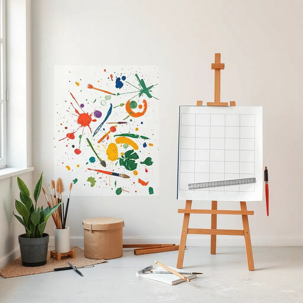 Split studio scene showing scattered paint and sketches alongside a clean structured drawing on an easel