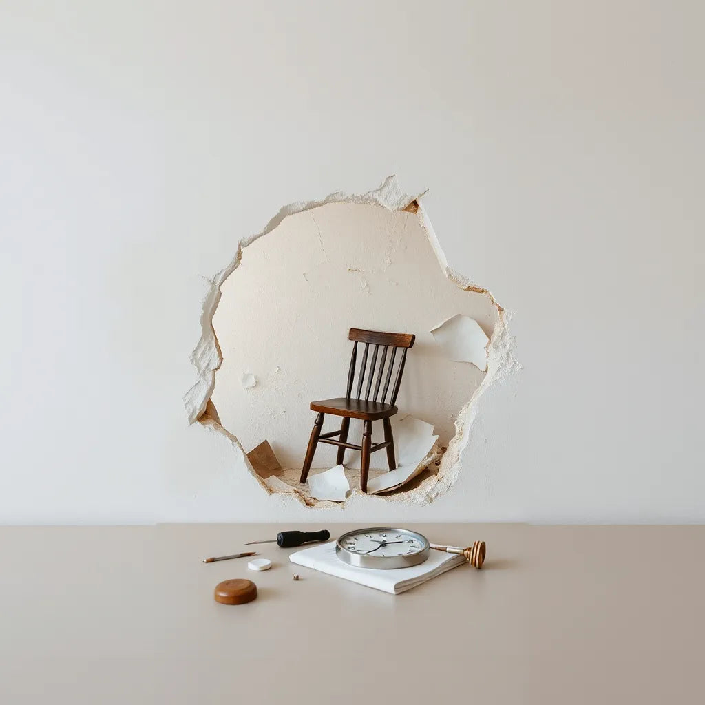 Minimal studio with scattered objects and a collapsed wall revealing hidden meaning