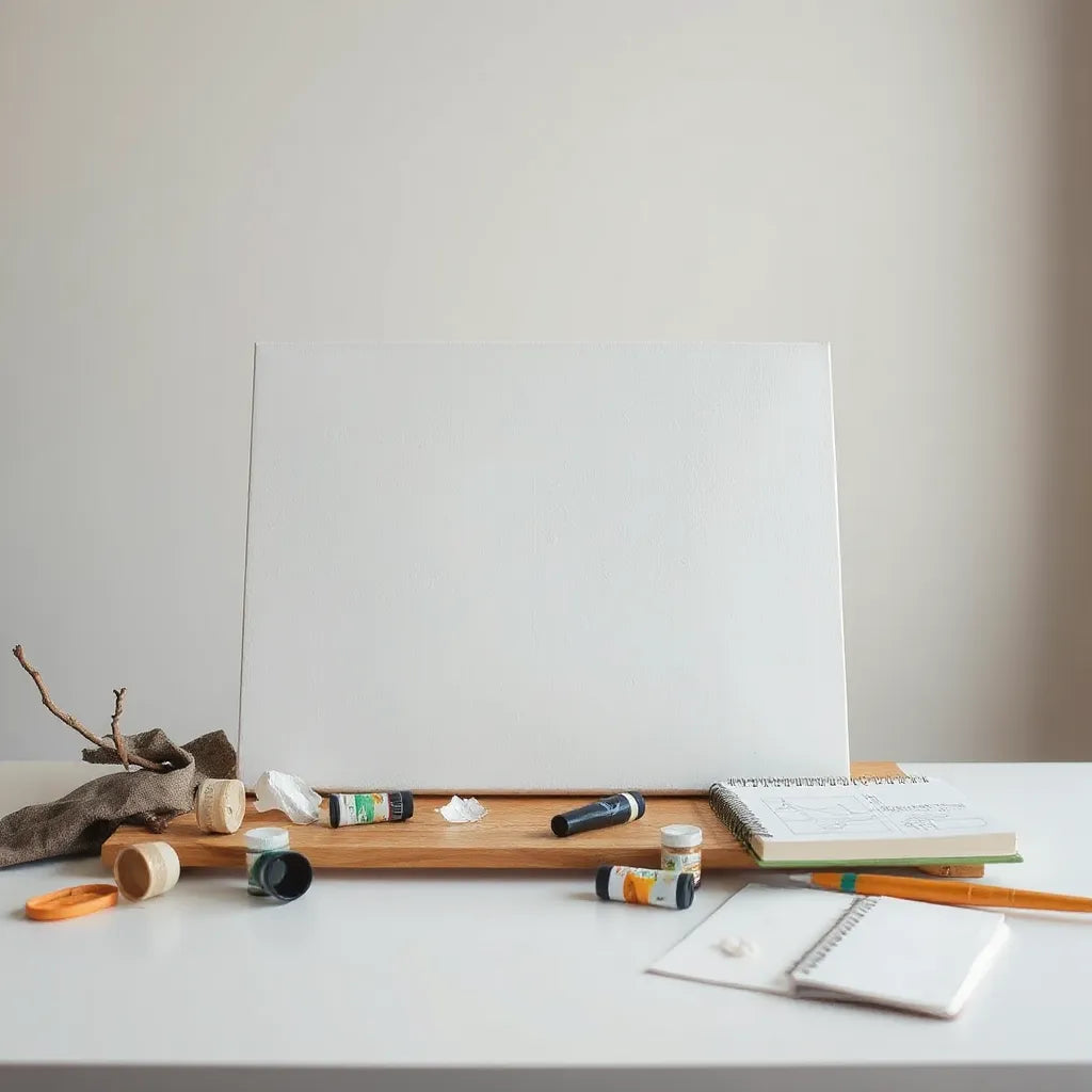 Minimalist worktable with a disrupted canvas, paint supplies, and soft natural light