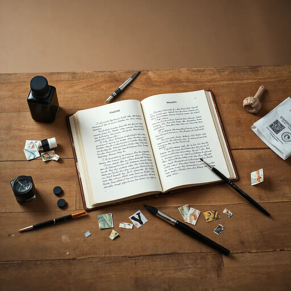 Open manifesto-style book on a wooden desk with paintbrush, ink bottle, and collage pieces.