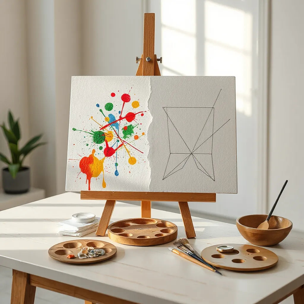 Half-finished painting on an easel blending chaotic splashes with geometric structure under soft daylight.
