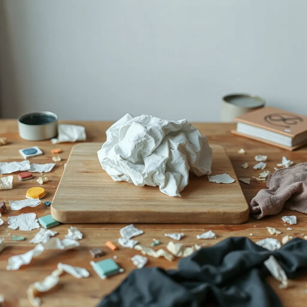 Crushed paper collage on a desk with torn fabric and paint swatches in soft natural light
