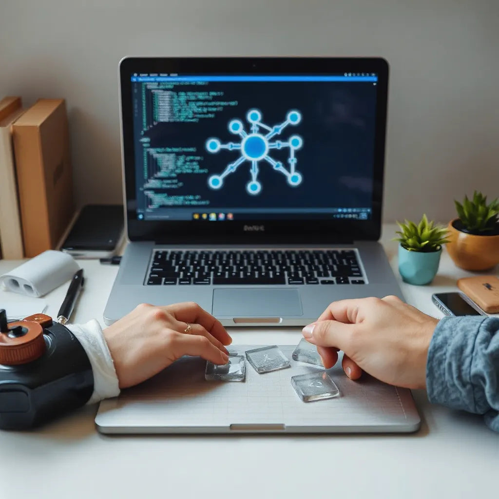 Hands arranging translucent memory tiles beside a laptop showing simple connected nodes diagram