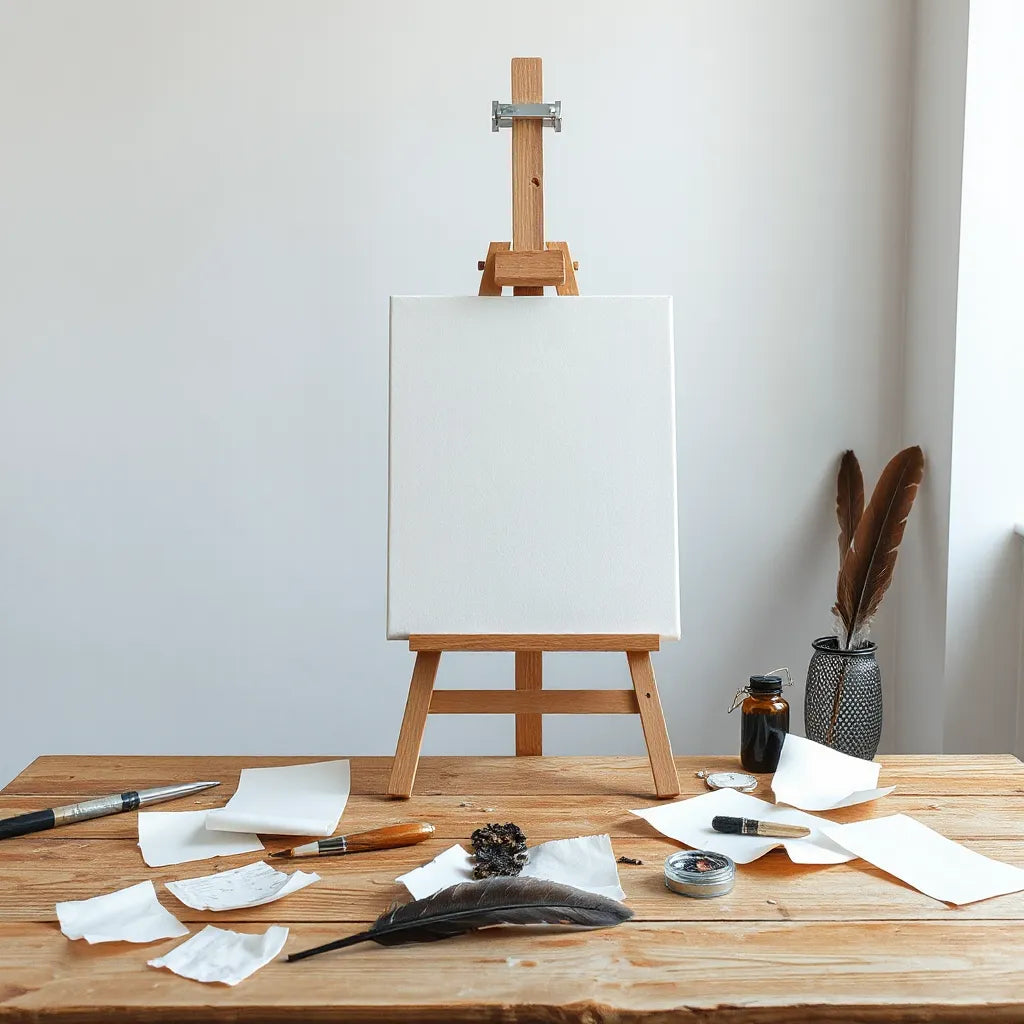 Blank canvas with torn paper collage and art tools on a wooden table in soft daylight