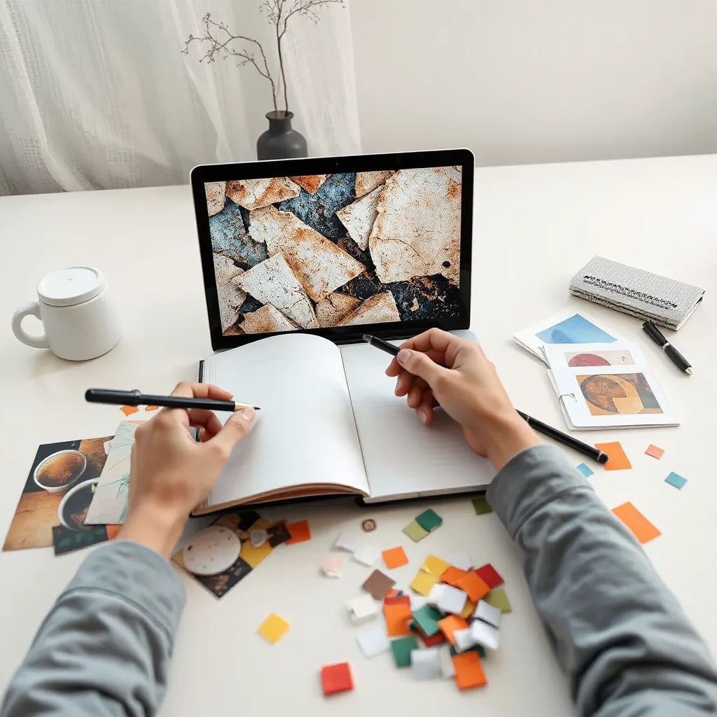 Designer’s workspace with laptop collage and cut paper scraps for surreal branding