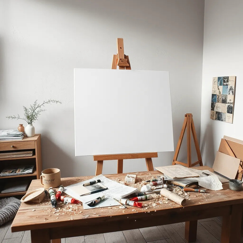 Artist studio with blank canvas, paint materials, and mixed-media supplies for experimental work