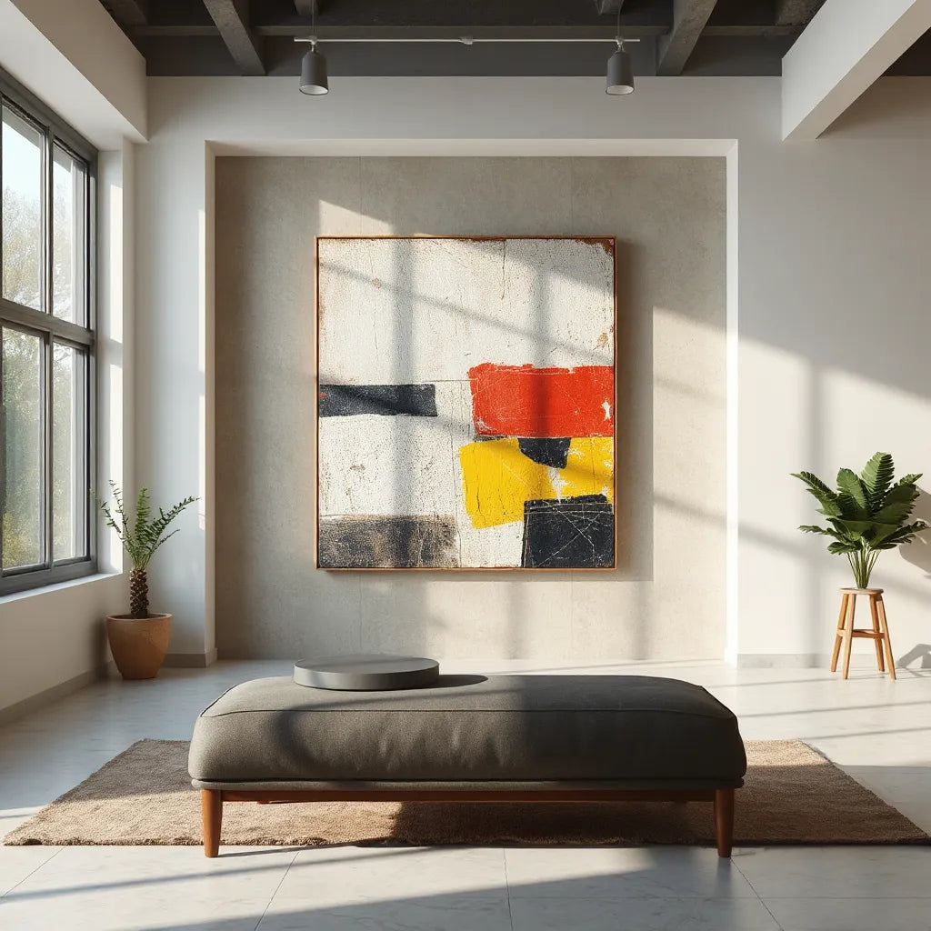 Minimal art gallery wall featuring a large abstract mixed-material experimental artwork in soft light