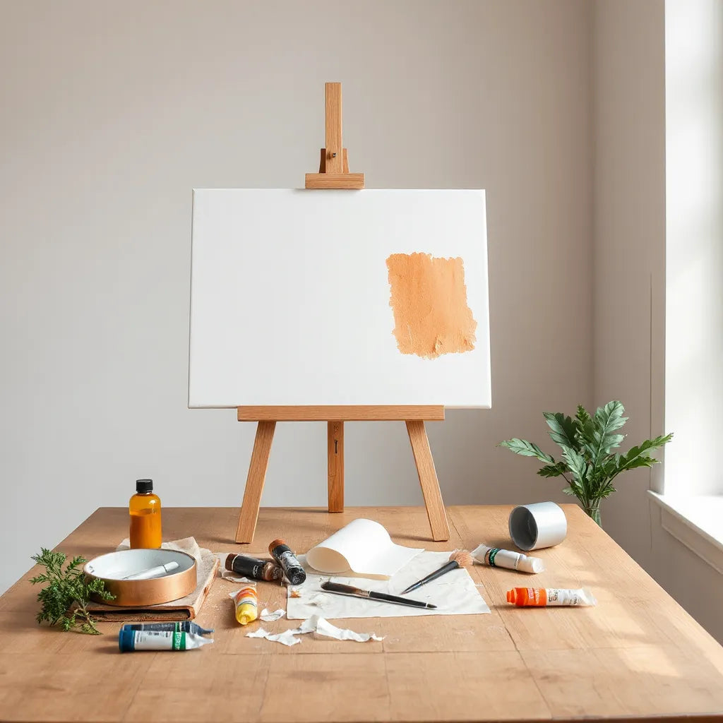 Blank canvas with bold brushstrokes, paint tubes, and torn paper on a studio table