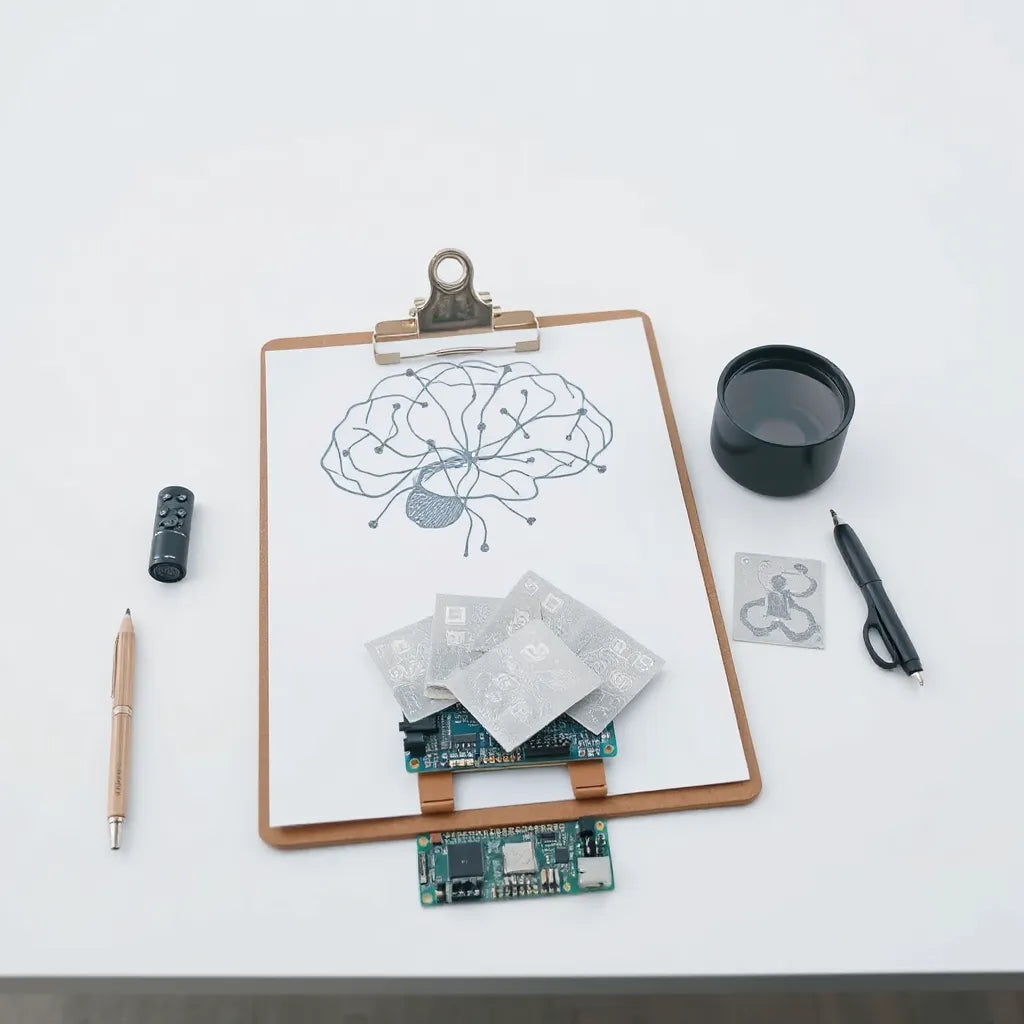 Minimal desk scene showing a brain-shaped wire schematic connected to memory cards and a small circuit board