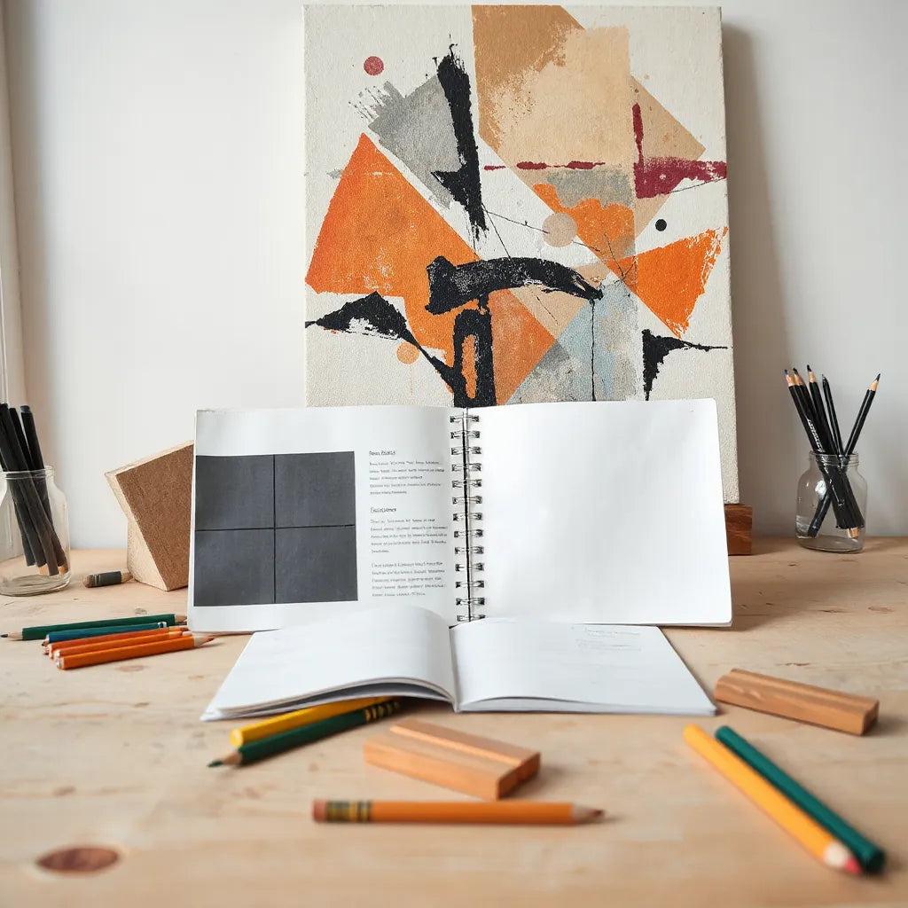 Artist materials on a studio table showing chaotic brushstrokes blended with geometric lines