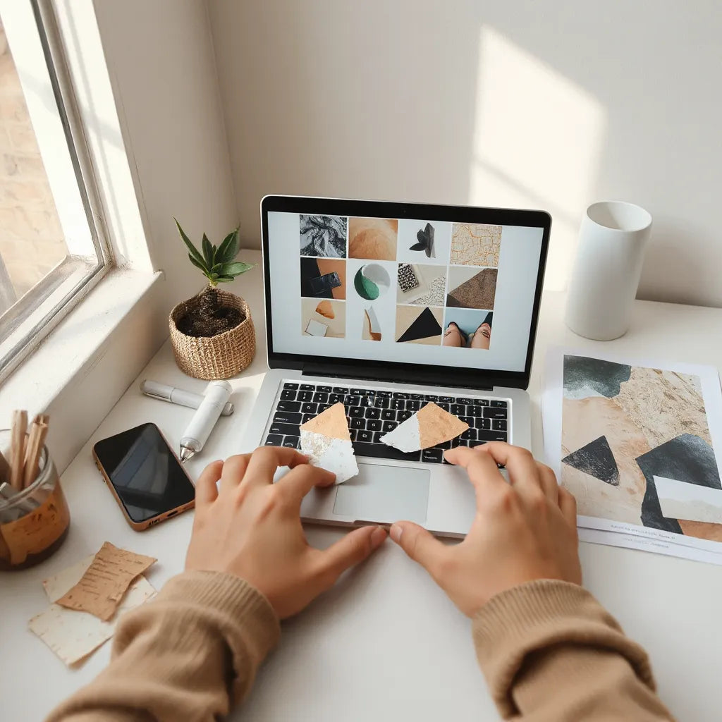 Hands arranging mixed media collage elements next to an open laptop showing abstract digital layouts