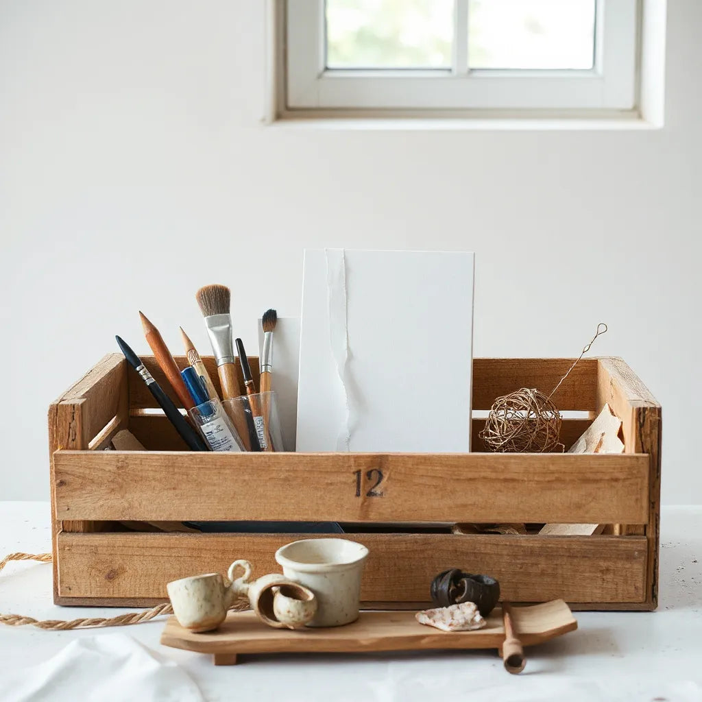 An open art supply crate and a small assemblage sculpture on a worktable in soft studio light